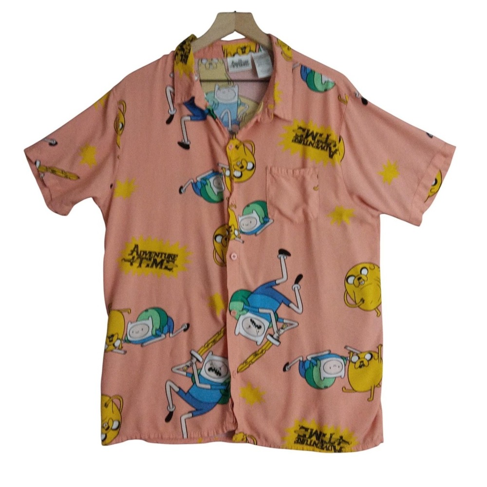 Adventure Time Shirt Mens‎ Large Peach Cartoon Button Up Finn Jake Short Sleeve